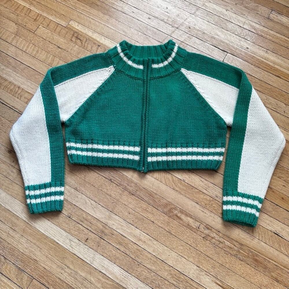 Dessin Studio Cropped Varsity Sweater Full-Zip Green-White Size S/M Preppy